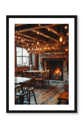 Cozy British pub with warm fireplace and rustic decor, inviting ambiance