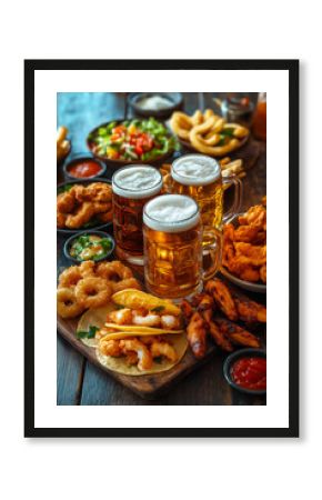 Beer mugs. Two beer mugs surrounded by appetizing pub food in a rustic restaurant
