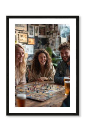 Group of Friends Playing Board Game at Pub, Enjoying Drinks and Laughter, Social Gathering, Fun Game Night, Relaxed Atmosphere with Beers and Conversation