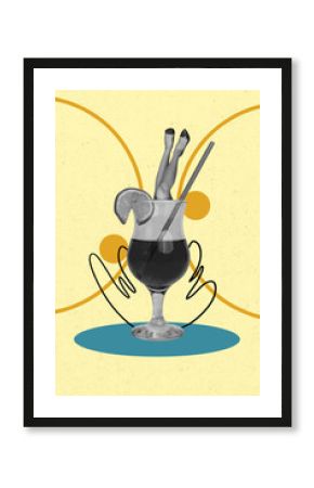 Vertical photo collage of martini glass cocktail party legs inside heels party event pub toast alcohol isolated on painted background
