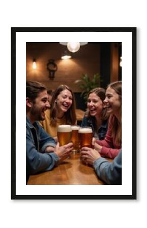 Youthful friends celebrating and socializing over drinks at a bustling brewpub setting