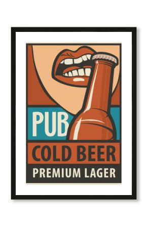 bunner for pub with mouth opens a beer bottle with his teeth in retro style