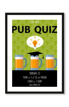 Pub quiz with beer cup. Quiz night announcement poster design web banner background vector illustration. Modern pub team game. Questions game