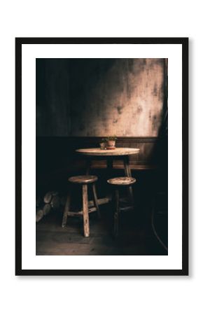 Dramatic photo a woodent table and chairs in a corner of a English Pub