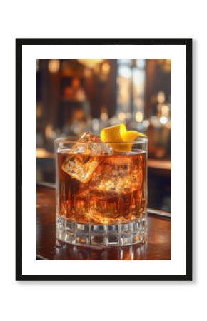 Rusty nail cocktail served over ice with a twist of orange in an elegant bar setting during evening hours