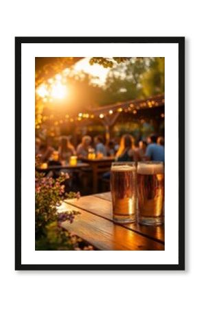 Two glasses of beer on a wooden table glow in the sunset, with people chatting in the background