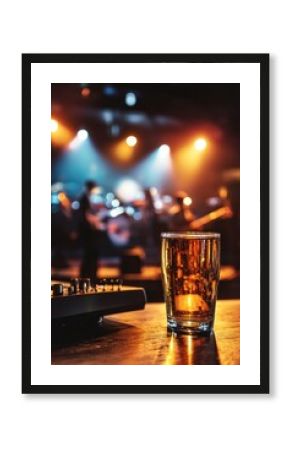 Clear Glass of Beer on Wooden Table with Band Performing Live