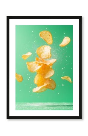 Potato chips falling against green background with salt and crumb particles. Crispy golden snack food captured in dynamic motion. Banner with copy space for snack advertisement and food packaging