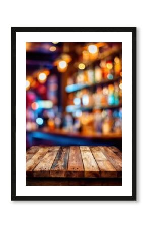 Rustic wooden table surface against blurred bar interior with colorful bottles and lights bokeh background