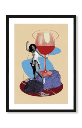 Image pop creative artwork collage of happy girl guy dance wine glass beverage celebration rock piece champagne alcohol bar