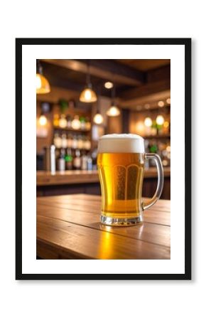 Golden beer mug on wooden bar counter in pub or restaurant