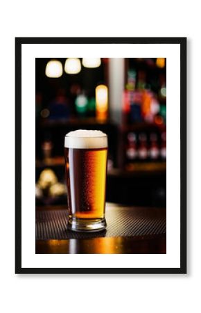 A glass of light beer on the bar counter in a bar. No people.