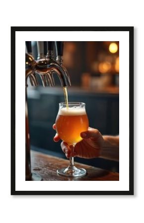 Bartender pours fresh craft beer into glass in pub. Hand holding glass. Cold beverage with foam. Closeup. Drink in bar at night. Draught beer pouring into glass.