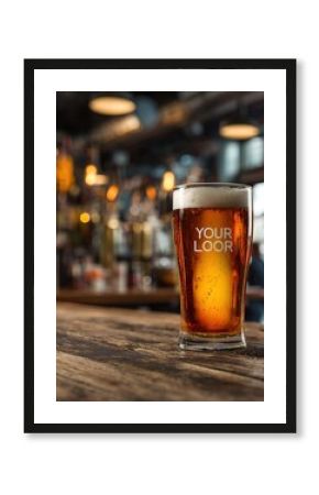 Customizable beer pint mockup on rustic wooden bar counter inside cozy pub with blurred warm lighting and industrial decor