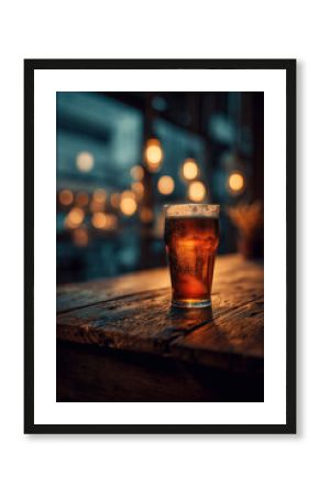 Refreshing dark ale on a rustic wooden bar, bokeh lights, evoking cozy, pub atmosphere. Cheers!