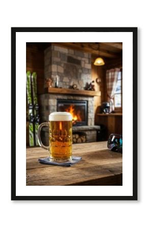 Pint of beer on a wooden table. Cozy ski chalet interior with fireplace and mountain view. Après ski relaxation and winter holiday concept.