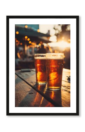 Two pint glasses of beer resting on wooden table at sunset in outdoor pub