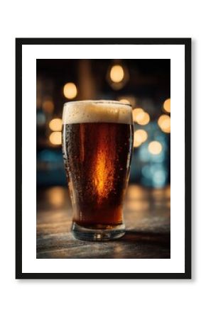 68. Craft beer pint, frothy head, pub atmosphere, dark background, warm lighting