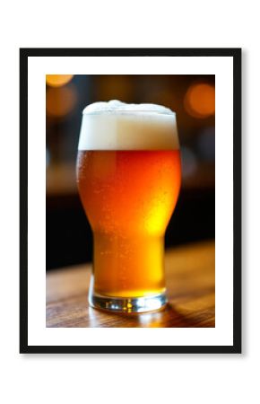 Close-up of a golden beer glass with thick foam head,  placed on rustic wood surface in warm pub ambiance, ideal for beverage branding, bar promotions, or Oktoberfest-themed editorial content.