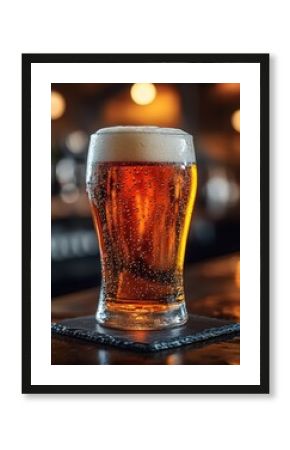 A perfect pint of amber ale with a thick, frothy head sits in a condensation-covered glass on a dark coaster. The refreshing beverage is captured in a cozy, low-lit pub setting