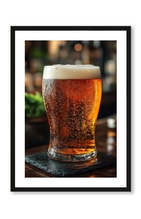 A perfect pint of amber ale with a thick, frothy head sits in a condensation-covered glass on a dark coaster. The refreshing beverage is captured in a cozy, low-lit pub setting