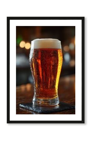 A perfect pint of amber ale with a thick, frothy head sits in a condensation-covered glass on a dark coaster. The refreshing beverage is captured in a cozy, low-lit pub setting