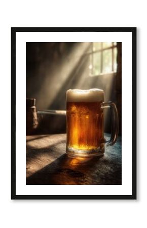 Refreshing craft beer experience rustic pub setting still life photography warm lighting inviting atmosphere indulgence concept for enthusiasts