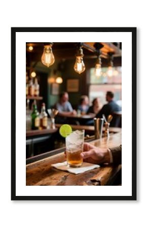 A close-up of a cocktail glass with a lime slice on a wooden bar. In the background, blurred patrons enjoy drinks in a cozy pub atmosphere.