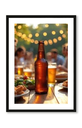 Chilled beer bottle on wooden table outdoor. Friends enjoying summer party, BBQ with food and drinks, blurred background. People celebrate, have fun, relax, asting fresh meal in garden.