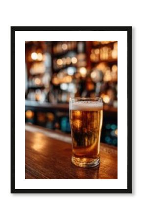 Close-up of a frothy beer in a glass on a wooden bar counter in a warmly lit pub with blurred bottles in the background. Ideal for bar, nightlife, and beverage promotions.
