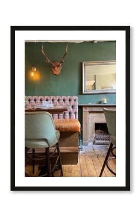 Cozy Pub Interior with Fireplace and Antlers