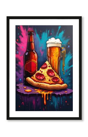 Colorful illustration presents pizza with beer bottle, glass. Modern style combines graffiti art with food theme. Vibrant splashes, dripping paint add urban flair. Perfect for restaurants, bars, food