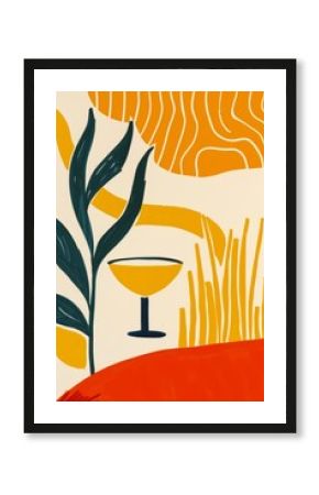 Ilustración abstracta de copa de cóctel amarilla y formas orgánicas, Arte gráfico veraniego con bebida, sol y plantas estilizadas, Póster decorativo colorido con temática de bar y naturaleza