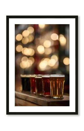 Inviting pub scene six colorful beers on wooden bar warm bokeh lights create cozy ambiance
