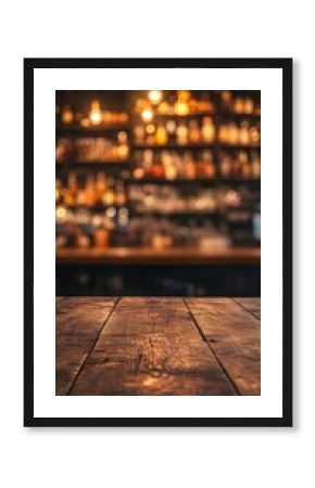 Rustic wooden bar counter in foreground, blurred warm-lit shelves of liquor bottles behind, creating inviting ambiance of cozy pub or restaurant at night.