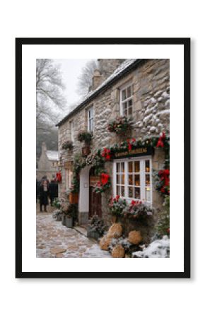 cozy winter scene of a traditional Cornish pub adorned with Christmas decorations, with snow gently falling and patrons enjoying the holiday spirit outside, ideal for a warm smartphone wallpaper