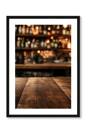 Rustic wooden bar counter with blurred background of warm glowing lights and bottles, creating an inviting ambiance in a cozy pub or restaurant setting.