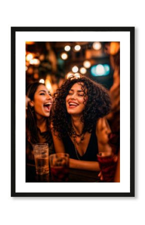 Group of female friends having fun and laughing in a drinking bar