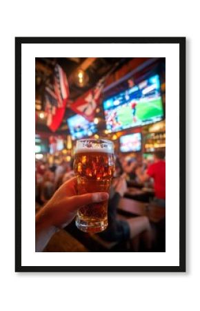 A lively scene in a sports bar with a close-up of a hand holding a glass of beer. In the background, multiple screens show a soccer match while patrons enjoy the vibrant atmosphere.