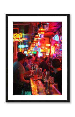 People enjoying nightlife drinking cocktails at bar with neon lights