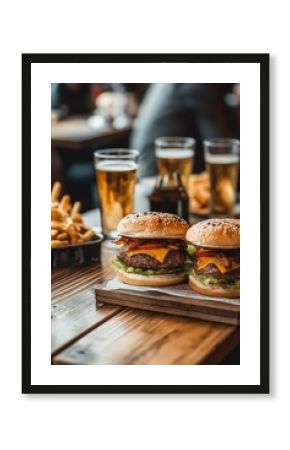 Mouthwatering cheeseburgers with fries and beer on a wooden table create a casual and inviting dining experience.