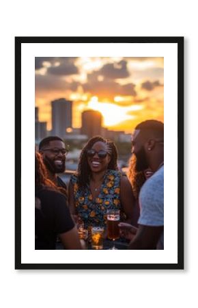 A group of Black friends laughing and enjoying drinks together at a rooftop bar,