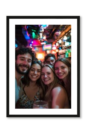 Group of friends taking a selfie at a bar, all smiling and huddling together