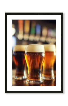 Three Glasses of Diverse Draft Beer, Refreshing and Flavorful Delights On Bar Counter