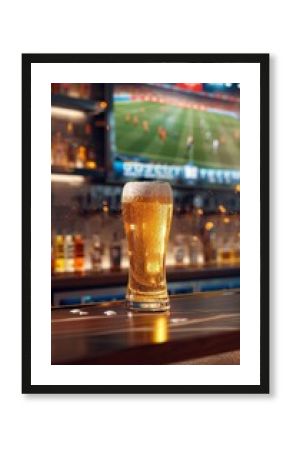 Close up of a frosty beer glass on bar top with soccer matches playing on blurred tv screens