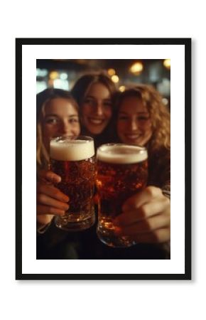 Cheerful female friends clinking beer glasses at a lively pub party