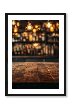 Rustic Wooden Bar Counter with Warm Edison Bulb Lighting and Blurred Bottles in the Background, Perfect for Restaurant Menus, Bar Promotions, or Cozy Nightlife