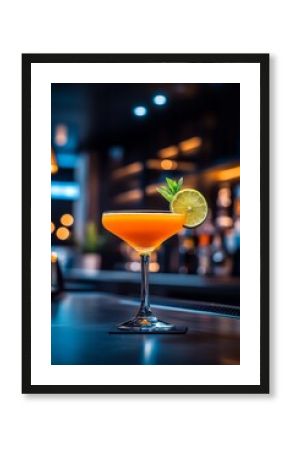  Copa exótica con un cóctel de color naranja brillante, adornada con lima y menta, ambientada en un bar moderno con luces coloridas. 