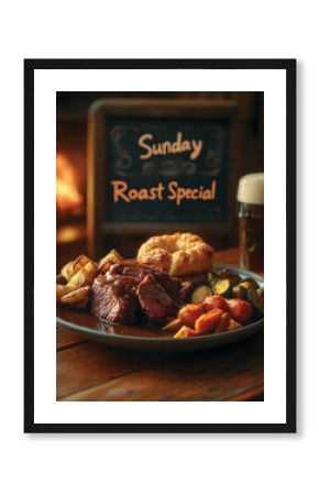 Traditional British Sunday Roast Dinner served with a pint of Beer