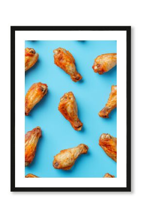 Crispy Chicken Wings Pattern on Blue Background.  Food Photography, Appetizer, Party Food